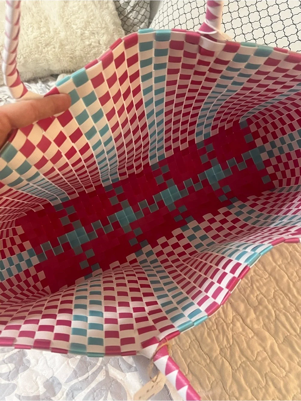 LUX Pink, White & Blue Woven Check Tote